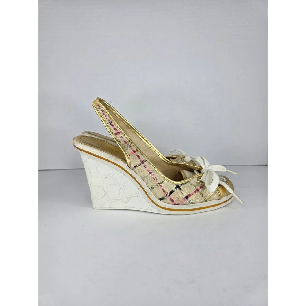 Coach Emilanna Wedge Sandals Womens 8.5B  Multi Plaid Canvas Gold Slingback